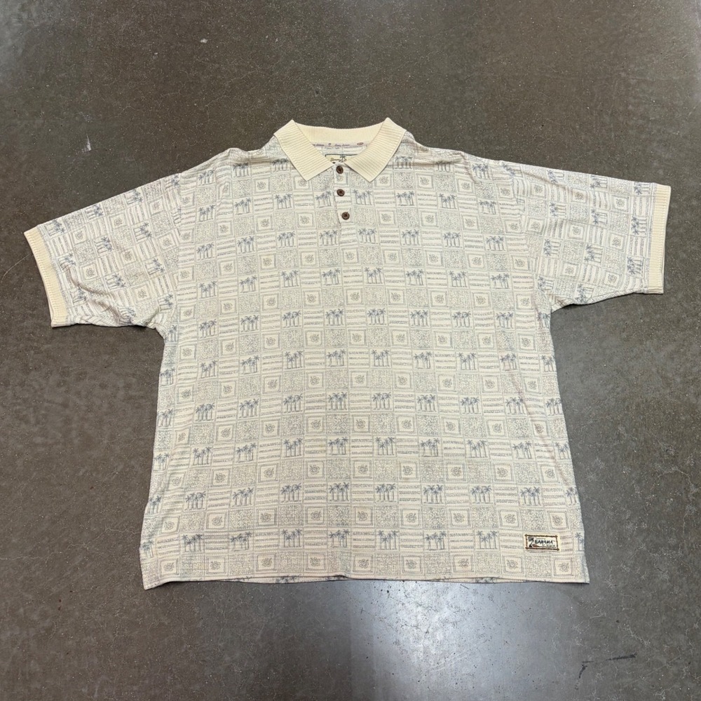 Tommy Bahama Mens Cream Tropical Palm Tree Hibiscus Print Polo Shirt Large‎